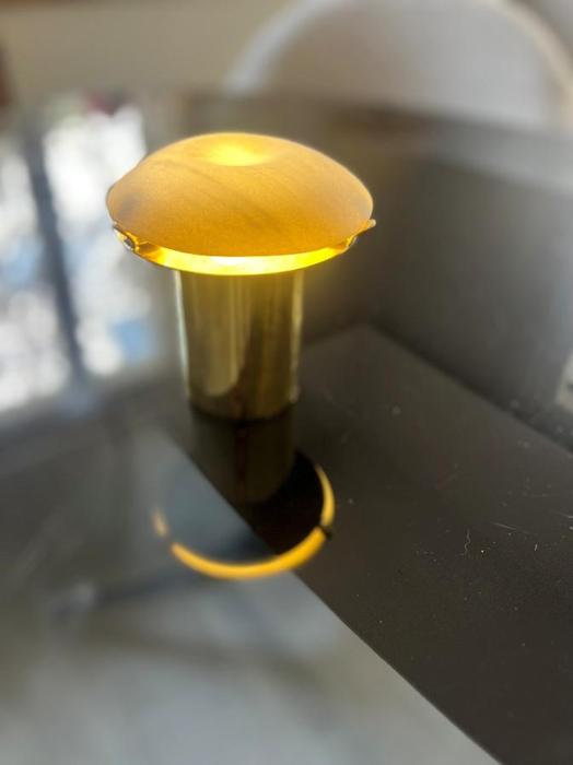 Detail view of Green Pepe lamp glowing on a reflective surface